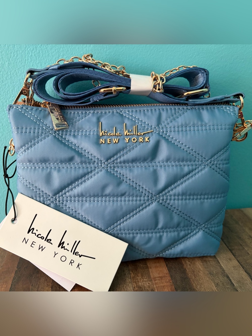 Nicole Miller Quilted Light Blue Crossbody Bag with Gold Hardware